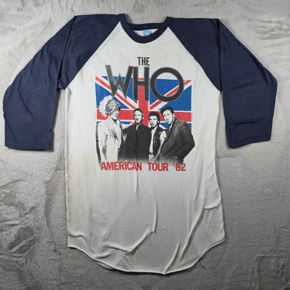 The Knits The Who American‎ Tour 82 Raglan Mens XL White Navy Distressed Vintage